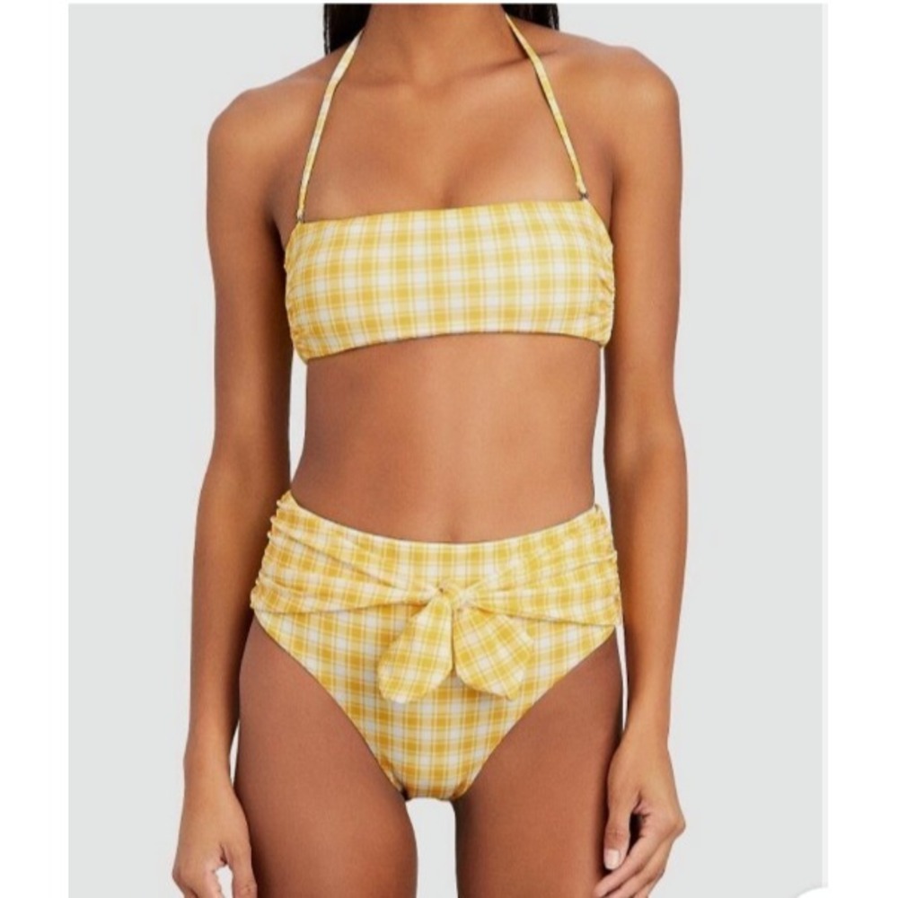 NWOT Veronica Beard Catrina Bandeau Top Azoia Bottom Swimsuit Yellow Plaid SZ XL